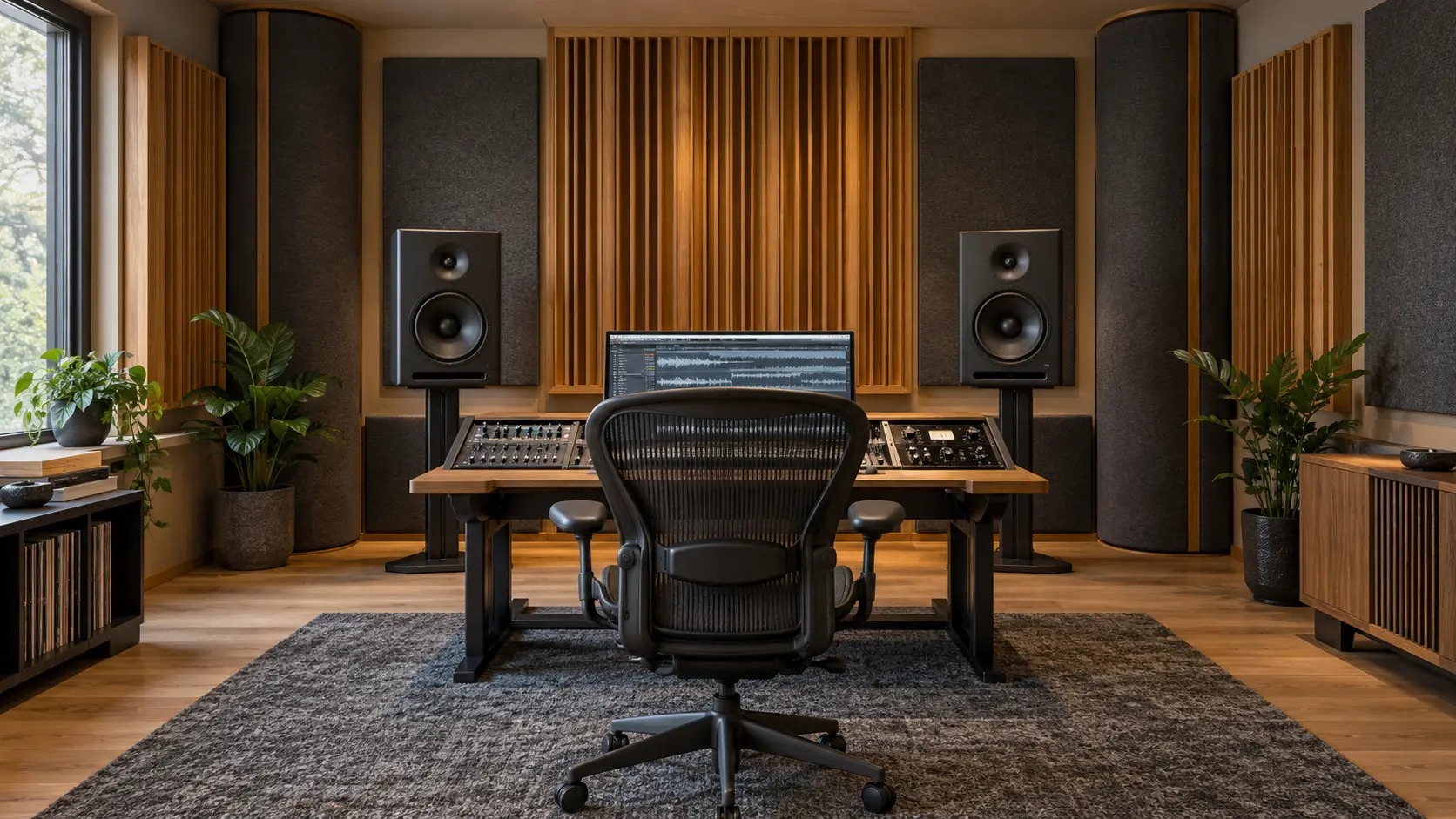 Stereo mastering studio with a conventional two-channel monitoring setup