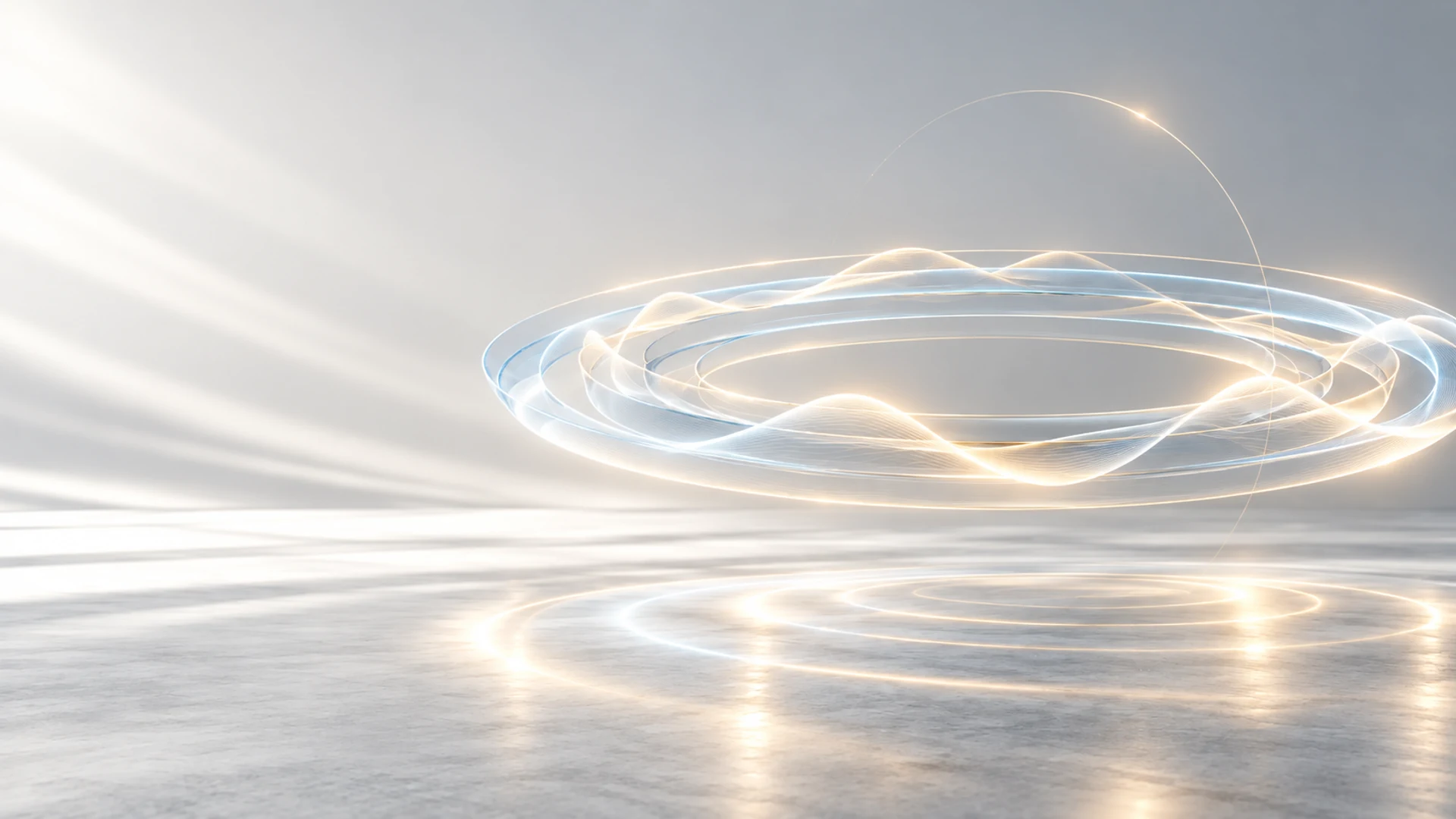 Translucent sound-wave ribbons forming a spatial ring above a reflective surface